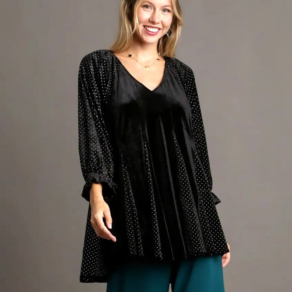 Black Velvet Pleated Sparkle Tunic Three Quarter Length Ruffled Cuff With V-Neck